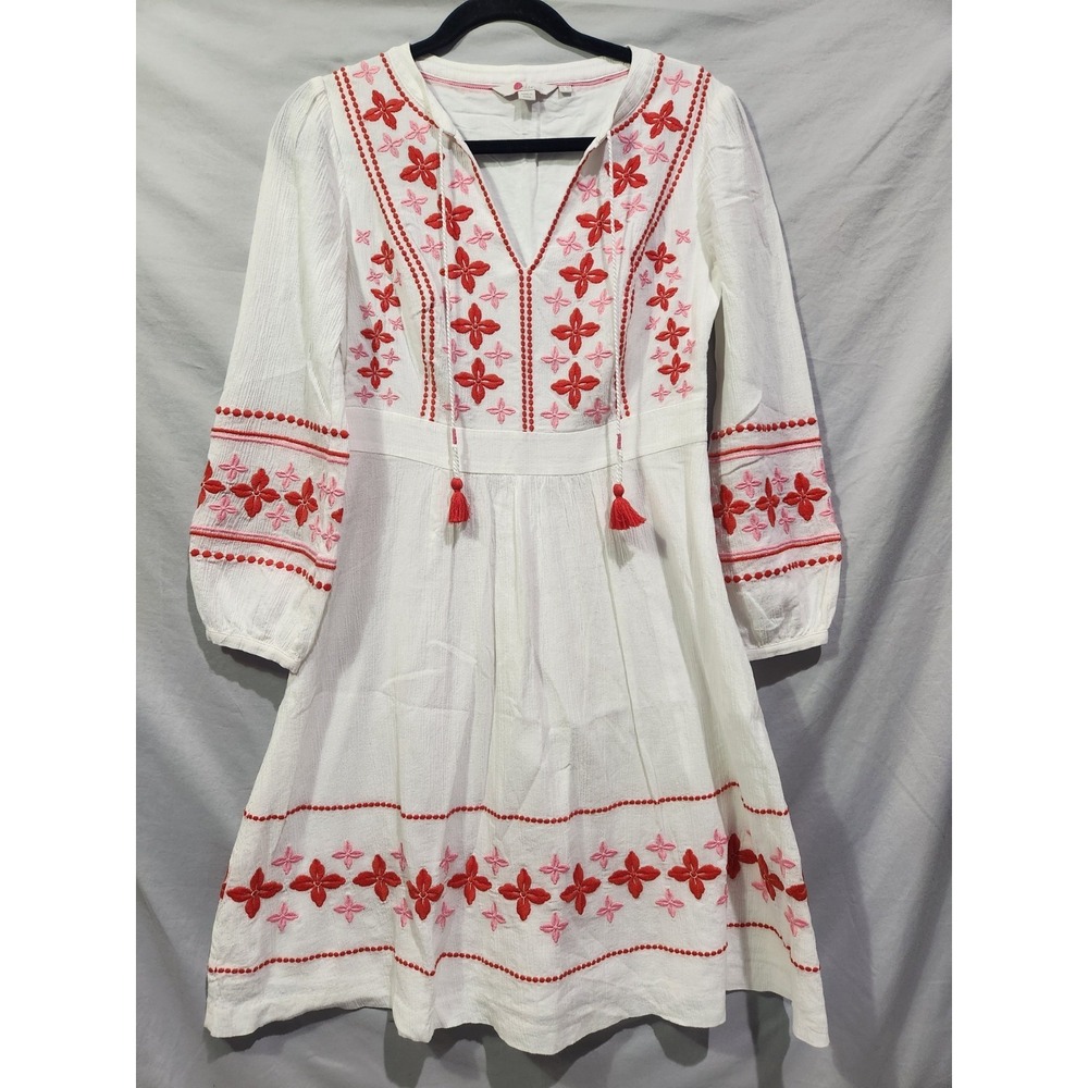 BODEN Marla Embroidered Dress 4P White Gauze Midi Boho Tassels Zip Beach Chic